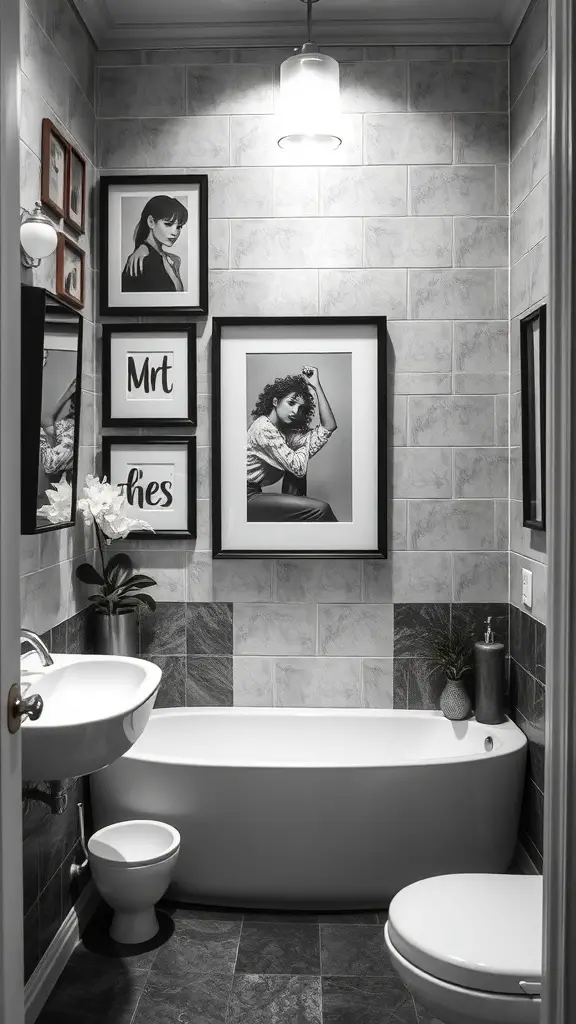 25+ Stunning Black and White Bathroom Ideas You’ll Love 5 A stylish black and white bathroom with framed art on the walls.