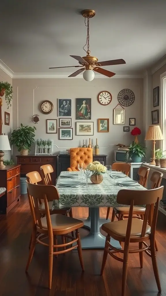A vintage-inspired dining room featuring wooden chairs, a patterned tablecloth, and framed art on the walls.