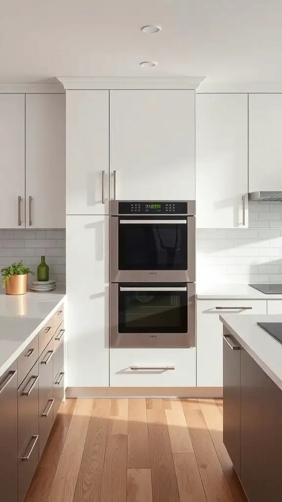 29+ Stunning Double Oven Kitchen Layout Ideas 5 A contemporary kitchen featuring a double oven integrated into sleek cabinetry, showcasing a modern design with stainless steel accents.