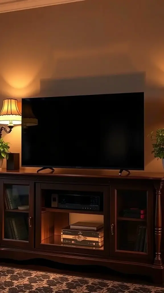 27+ Creative TV Stand Decor Ideas 6 A cozy TV stand with a decorative lamp, creating a warm and inviting atmosphere.