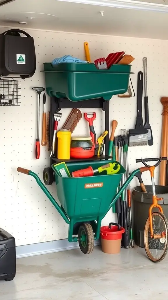 A green wheelbarrow mounted on a wall with gardening tools and supplies organized above it.