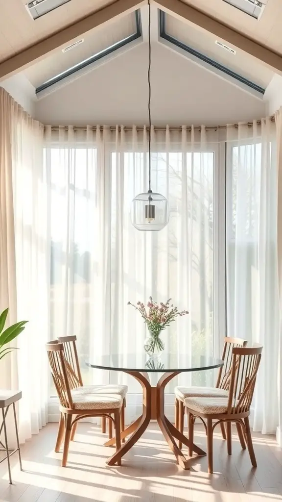 A sunroom dining area with large windows, sheer curtains, and a round glass table with wooden chairs.