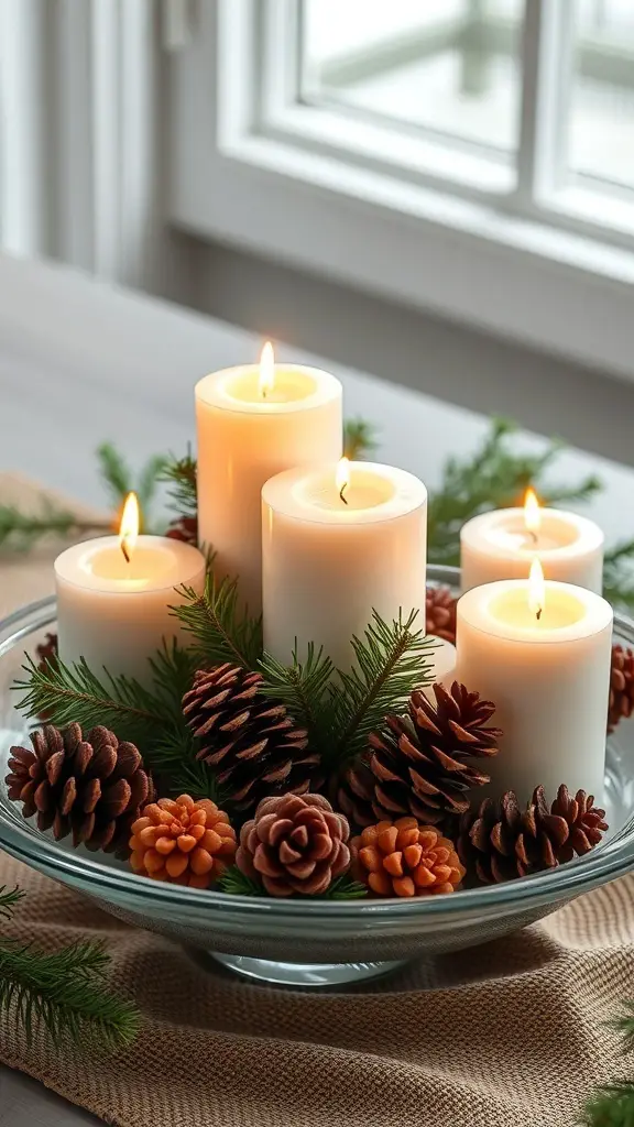 A glass bowl with floating candles surrounded by pinecones and greenery.