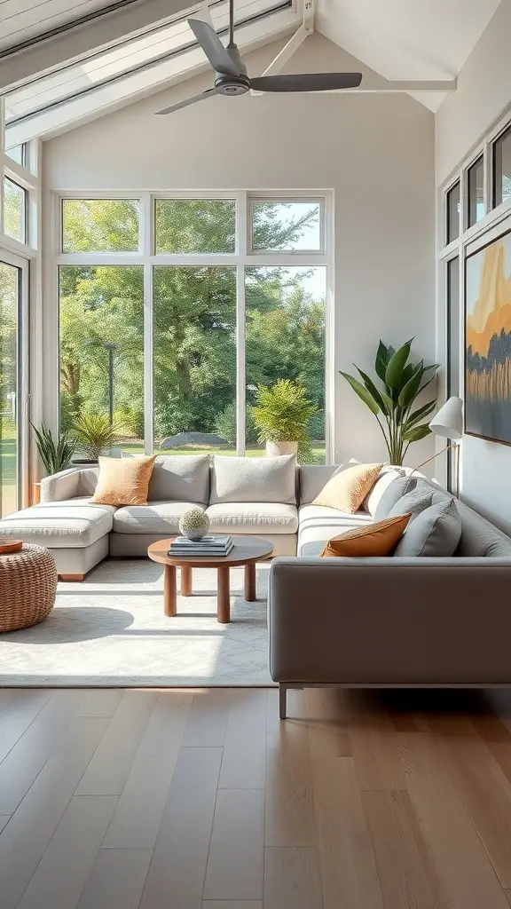 25+ Stylish Sunroom Furniture Ideas for a Cozy Retreat 10 A modern sunroom featuring a sleek sectional sofa with cushions, a round coffee table, and large windows allowing natural light in.