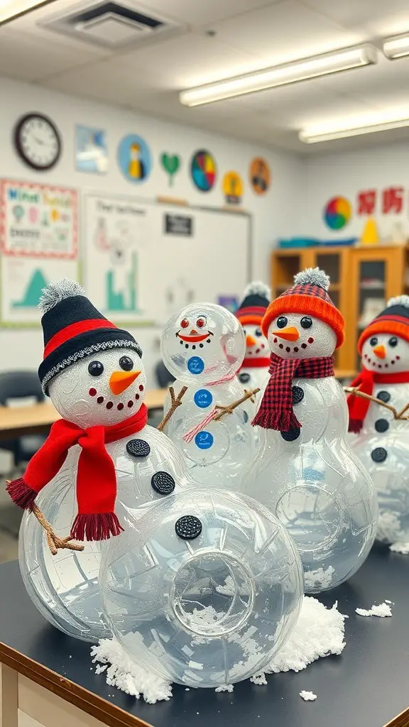 27+ Creative Winter Crafts Preschoolers Ideas 13 Recycled plastic bottle snowmen with colorful hats and scarves in a classroom setting.