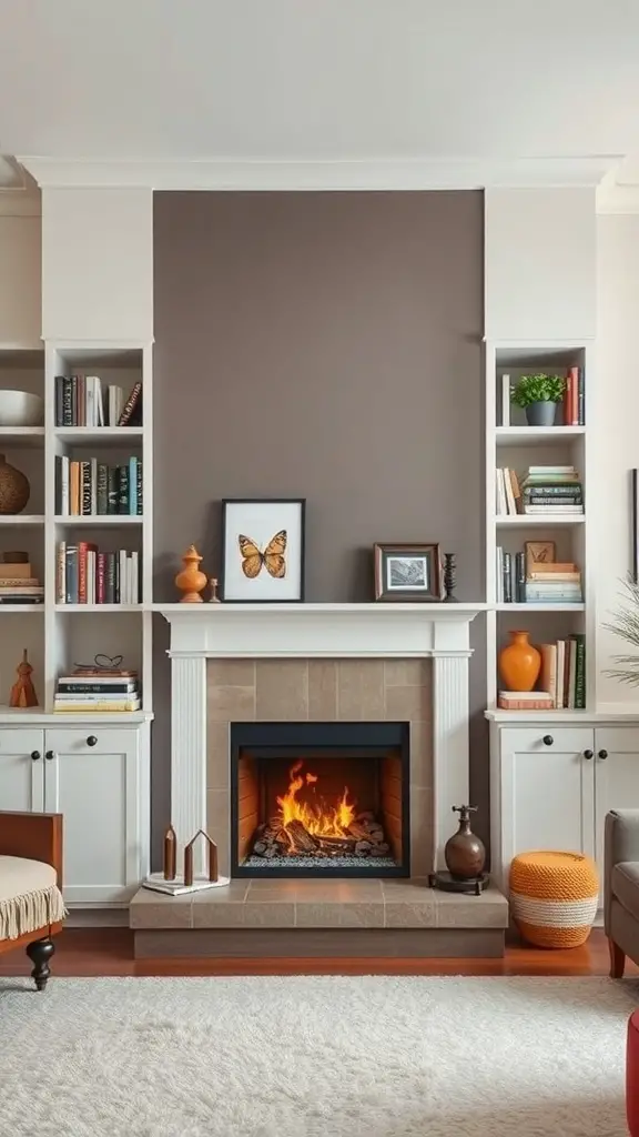 23+ Modern Fireplace Ideas to Elevate Your Home Decor 3 Cozy living room with a fireplace and built-in shelving, featuring books and decorative items.