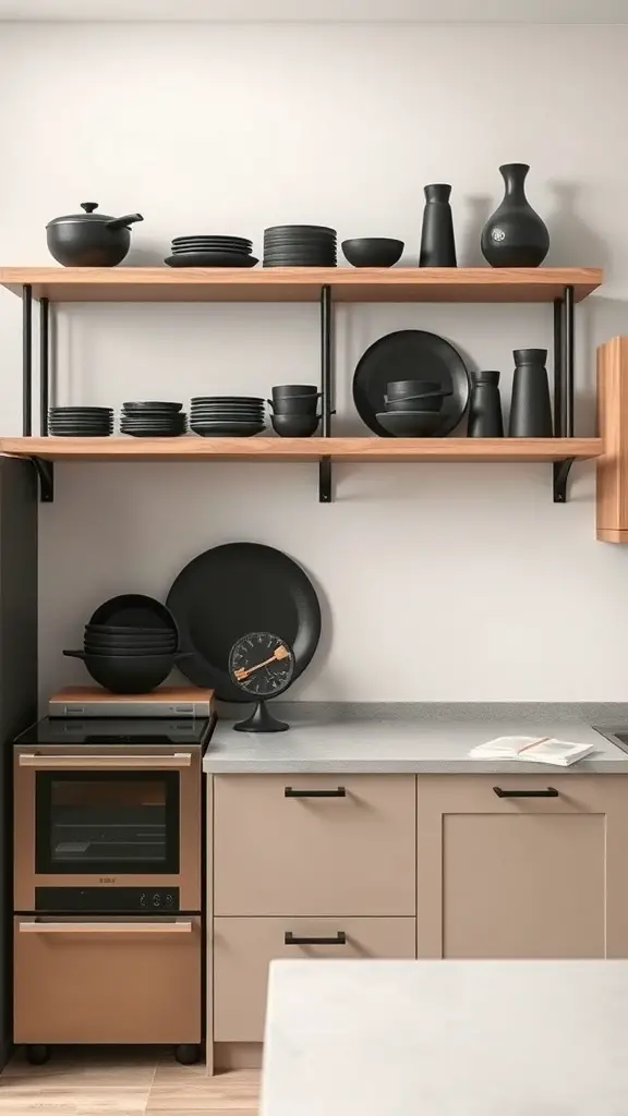 Open shelving in a kitchen featuring dark tones with black dishes and warm wood shelves.
