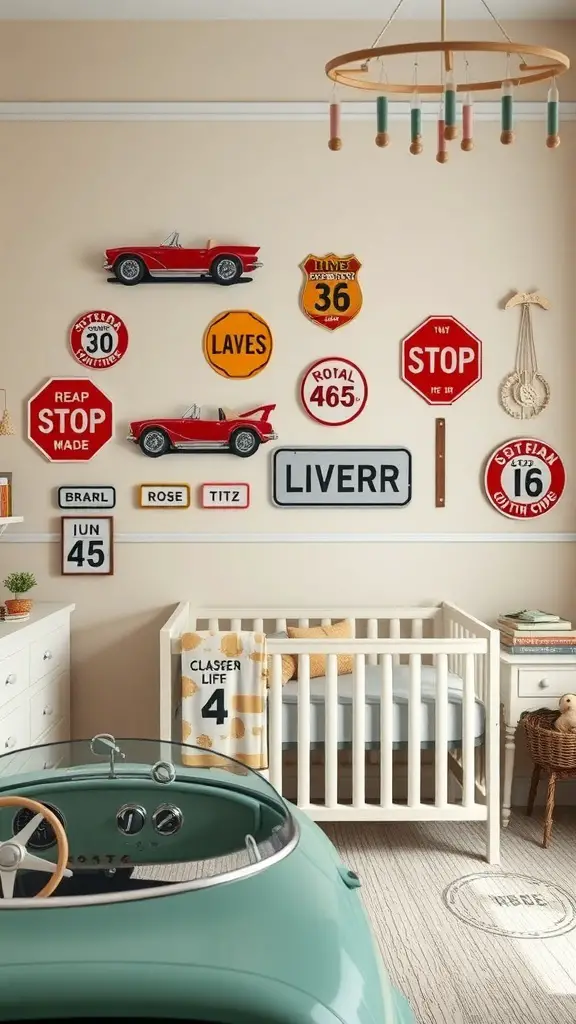 A vintage car nursery featuring car-themed decor, vintage signs, and a crib designed like a classic car.