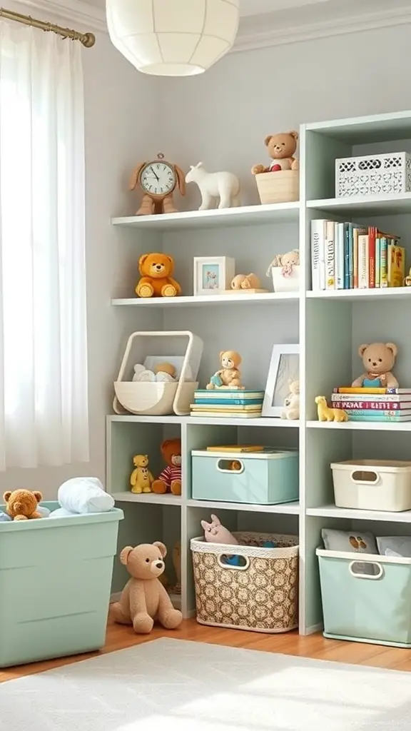 A well-organized sage green nursery with shelves and storage bins.