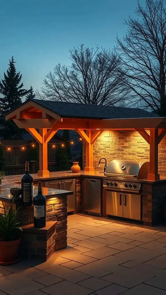 An outdoor kitchen with warm lighting, featuring a grill, stone accents, and wine bottles.