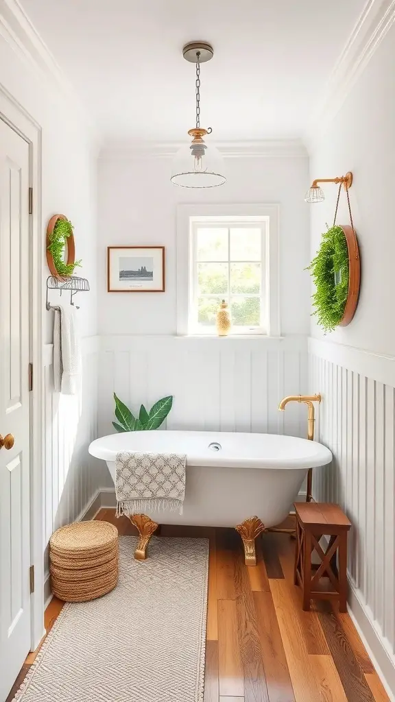 A stylish bathroom featuring board and batten design with a vintage bathtub, wooden flooring, and greenery.