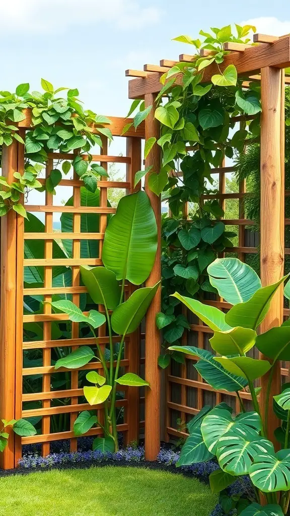 A wooden trellis with climbing plants, showcasing a vibrant garden setting.