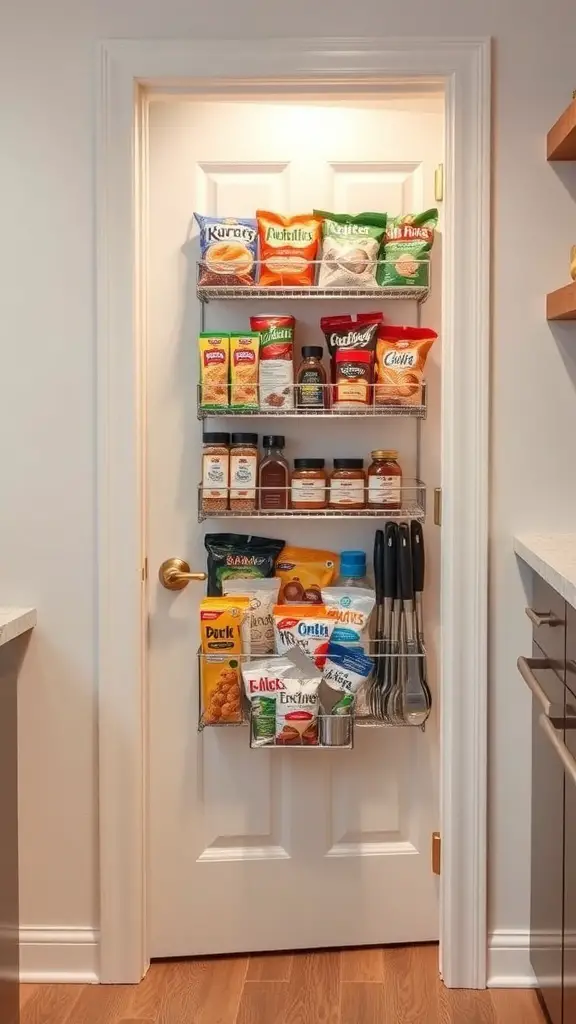 An organized over-the-door pantry rack filled with snacks, spices, and utensils.