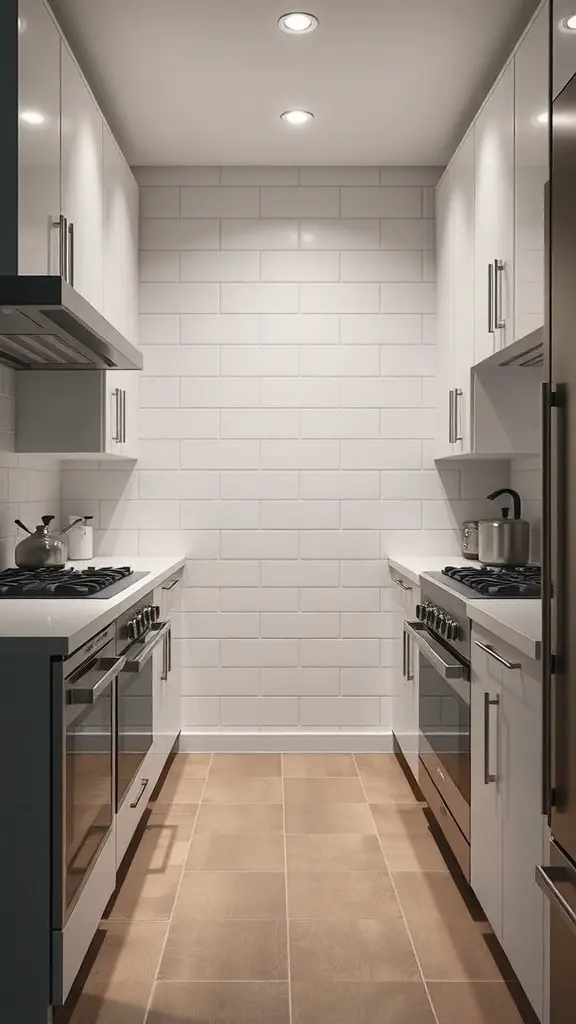 29+ Stunning Double Oven Kitchen Layout Ideas 7 A modern galley kitchen featuring double ovens and white cabinetry.