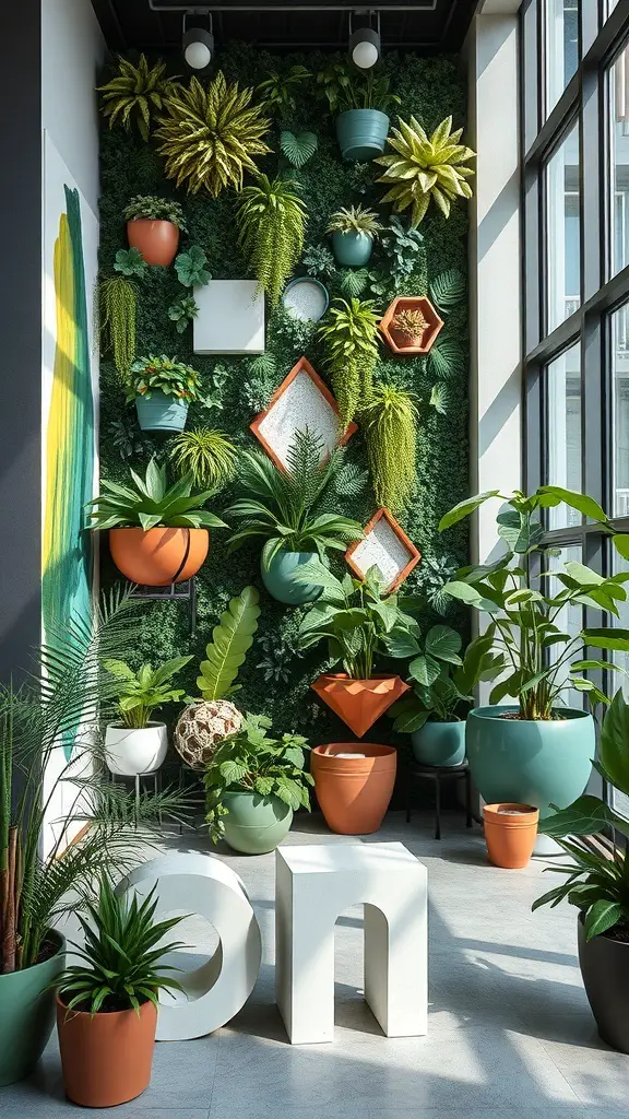 A vibrant plant wall with various shapes and colors of planters, showcasing a mix of plants in a modern indoor setting.