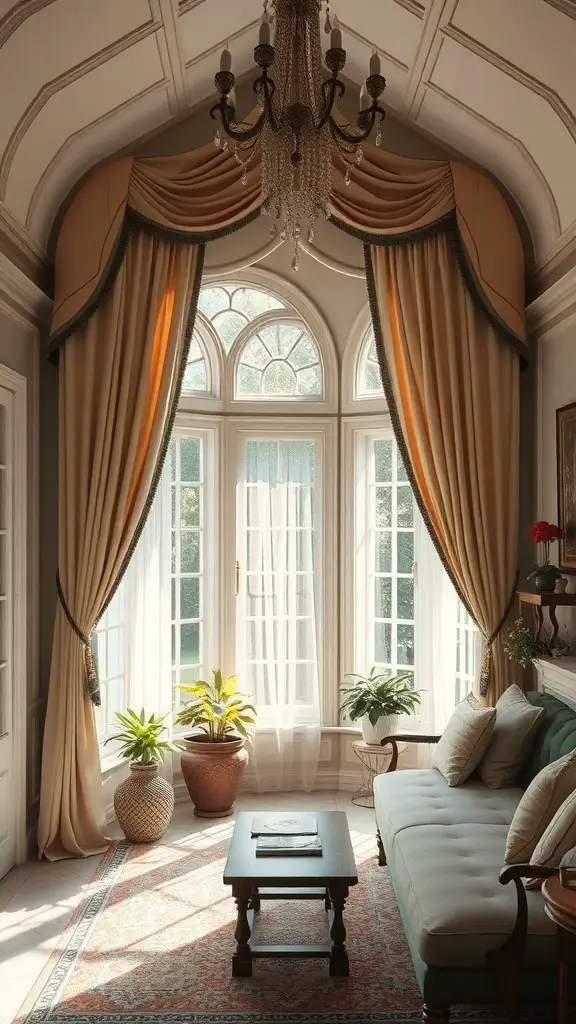 29+ Creative Sunroom Decorating Ideas You’ll Love 16 A sunroom with elegant drapery framing large windows, featuring a cozy couch, plants, and a chandelier.