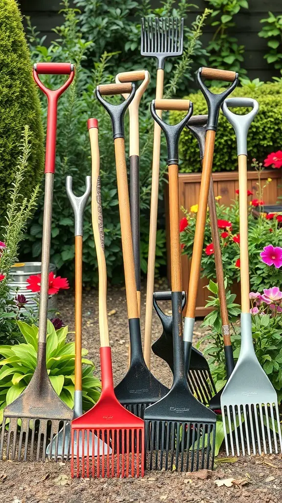 A variety of garden rakes with different designs and colors displayed in a garden setting.