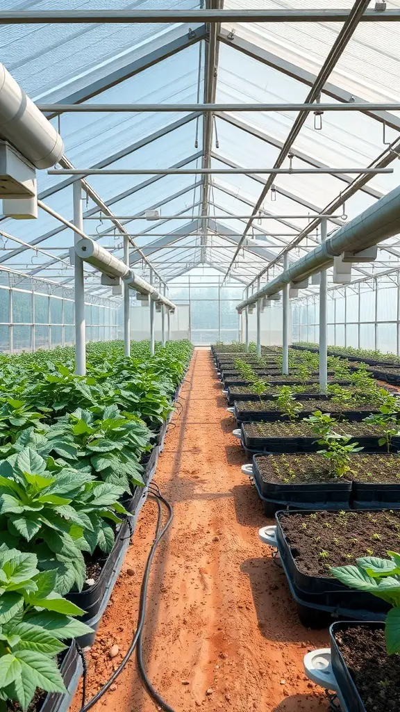 Interior of a greenhouse with rows of plants and a transparent roof