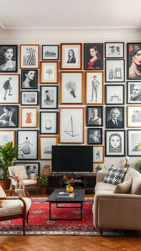 An eclectic gallery wall featuring various framed artworks in a cozy living room setting.