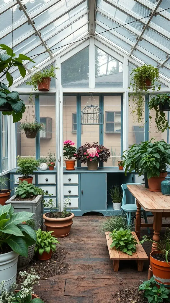 23+ Creative and Affordable DIY Greenhouse Ideas to Try 11 A greenhouse made from repurposed furniture, featuring plants and a cozy interior.