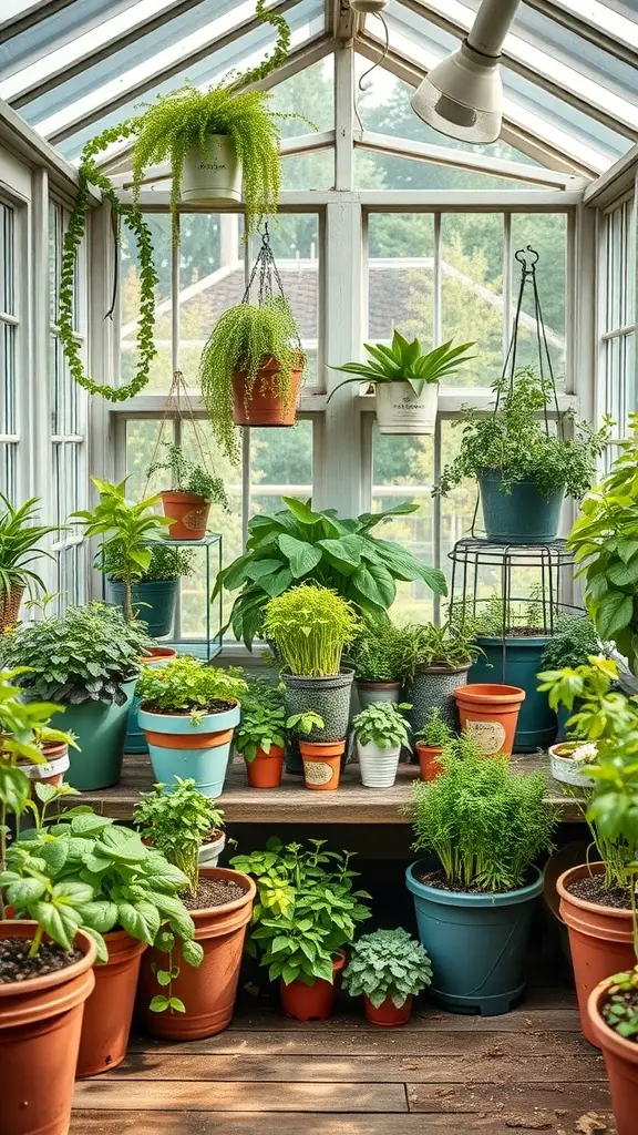 27+ Inspiring Inside Greenhouse Ideas 15 A greenhouse filled with various potted herbs and plants, showcasing a vibrant and lush indoor garden.