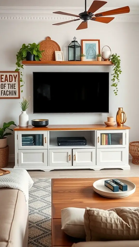 A stylish living room with a TV stand featuring a mix of vintage and modern decor elements.