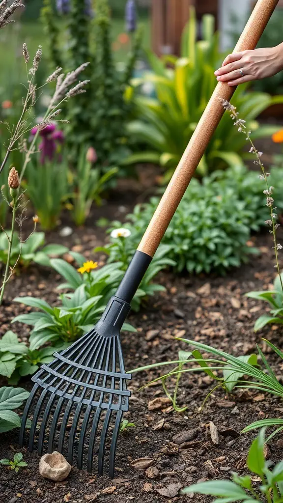 An ergonomic garden rake with a comfortable handle, being used in a flower bed.