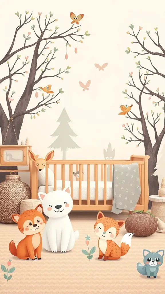 A cozy woodland creatures nursery with cute animal characters and natural elements.