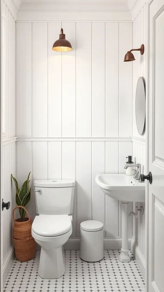 Small bathroom featuring white board and batten walls, modern fixtures, and warm lighting.