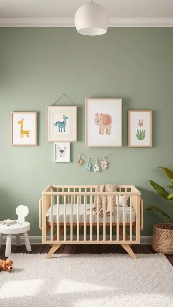 A nursery with sage green walls featuring animal-themed wall art and a wooden crib.