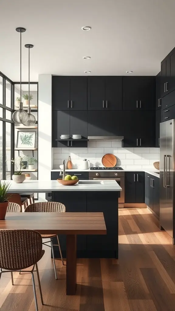 Modern kitchen with dark cabinetry and open layout featuring a large window and wooden dining table.