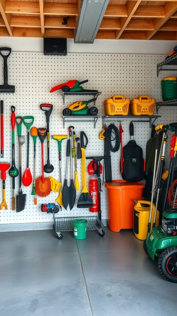 Organized garage with lawn tools on pegboard and color-coded bins