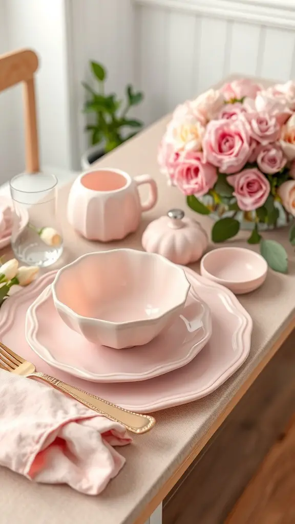 A beautifully arranged pink ceramic dishware set with plates, bowls, a pitcher, and gold utensils, complemented by fresh roses.