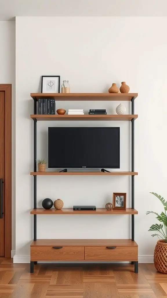 A modern TV wall storage unit with open shelves and a lower cabinet.