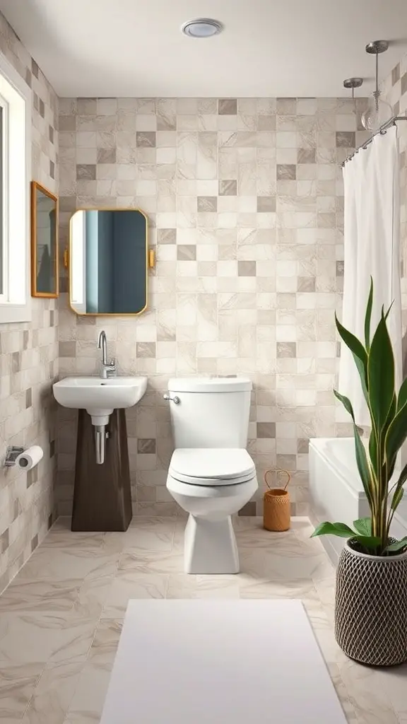 A modern small bathroom with light-colored tiled flooring, a white toilet, and a stylish mirror.
