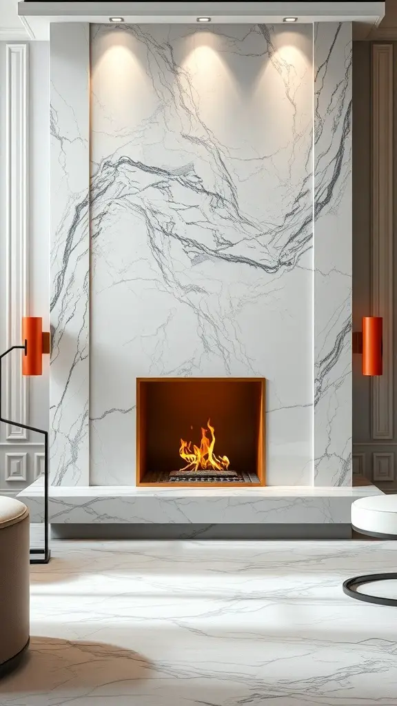 23+ Modern Fireplace Ideas to Elevate Your Home Decor 2 A modern fireplace with a marble surround, featuring elegant veining and warm fire, complemented by stylish lighting and decor.