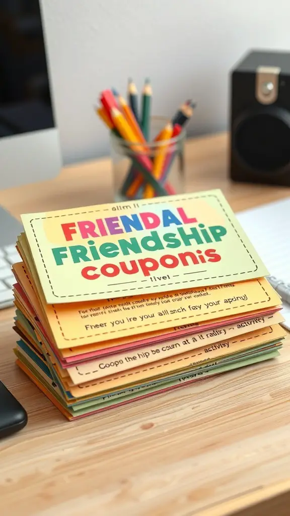 A stack of colorful friendship coupons on a desk with pencils and a speaker in the background.