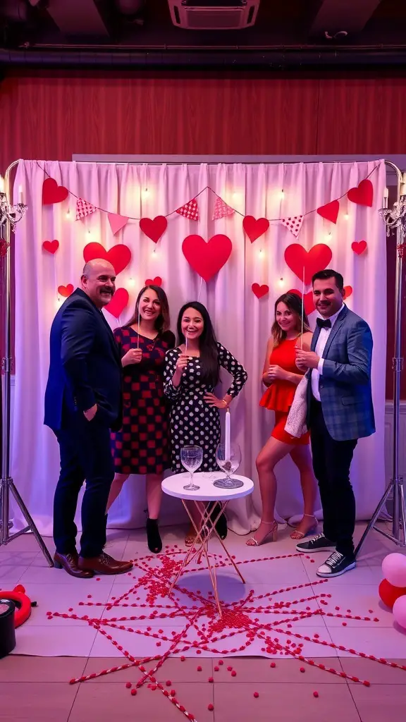 Group of friends posing in a decorated photo booth with hearts and lights