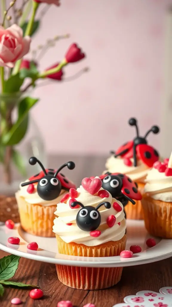 29+ Delightful Valentine's Day Treats to Share with Your Loved One 5 Colorful Love Bug Cupcakes decorated with ladybug designs and heart-shaped candies