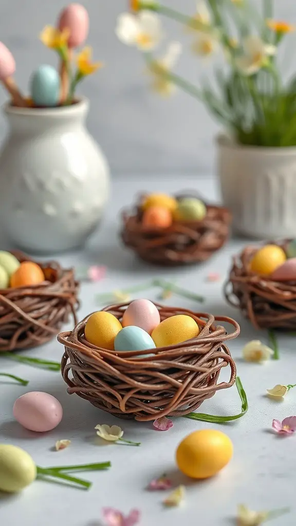 Chocolate egg nests filled with colorful mini eggs, surrounded by flowers.
