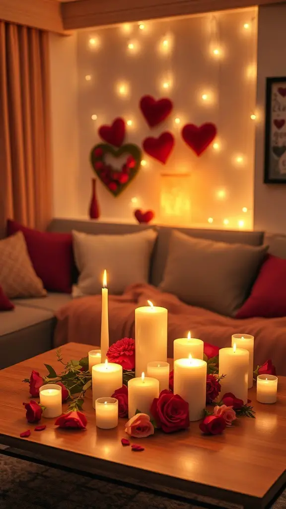 A cozy living room with a candle arrangement surrounded by roses and fairy lights.