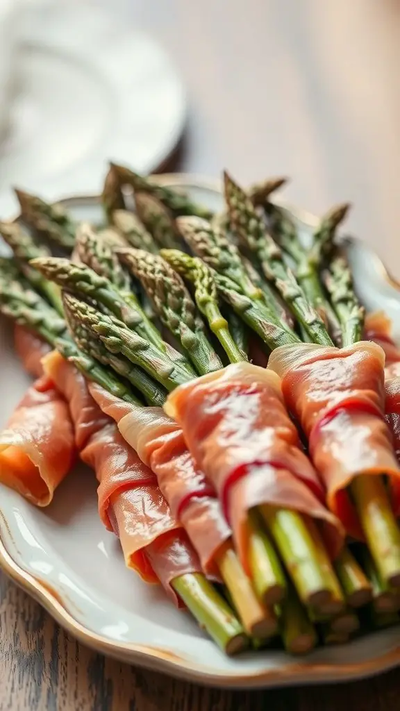 A plate of prosciutto-wrapped asparagus bundles, showcasing fresh asparagus spears wrapped in thin slices of prosciutto.