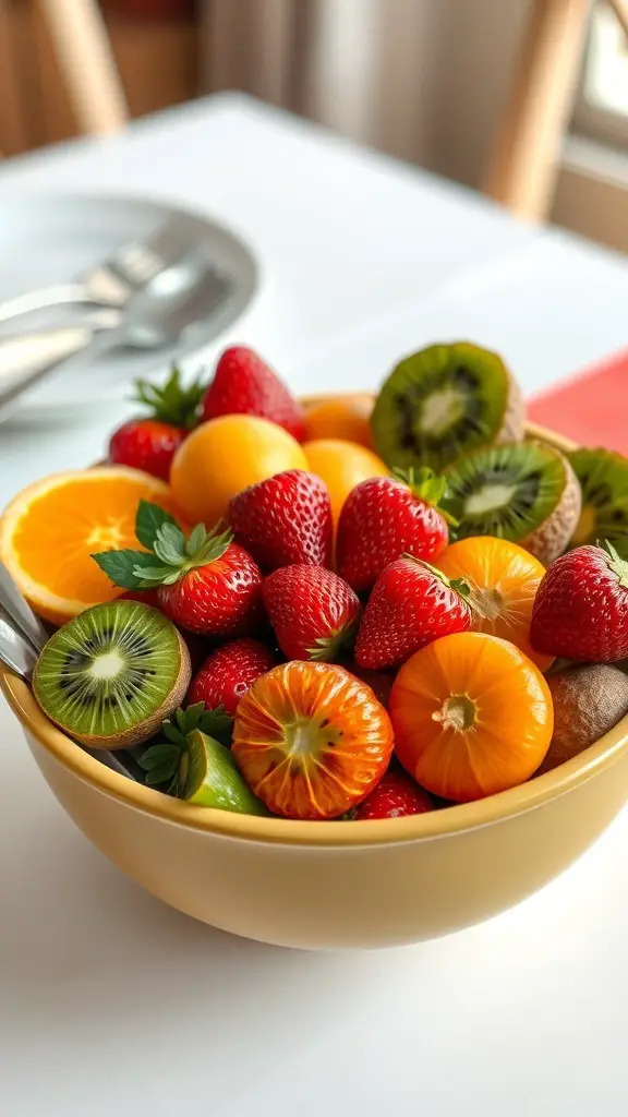 A colorful bowl filled with fresh fruits like strawberries, kiwis, oranges, and more.