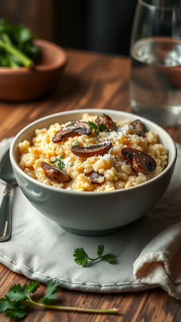 A bowl of creamy mushroom risotto topped with sautéed mushrooms and cheese, set on a wooden table.