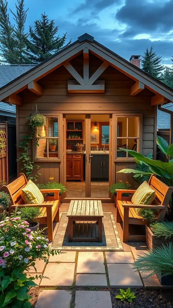 A cozy garden shed with wooden seating, plants, and a welcoming atmosphere.