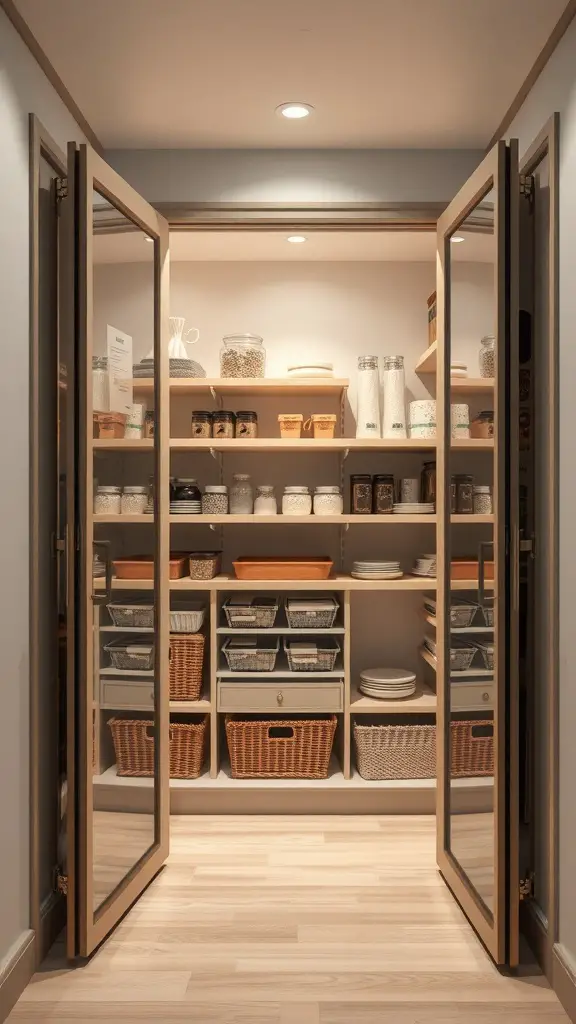 27+ Creative Corner Kitchen Pantry Ideas to Maximize Your Space 6 A corner kitchen pantry with bi-fold doors showcasing organized shelves with various containers and baskets.