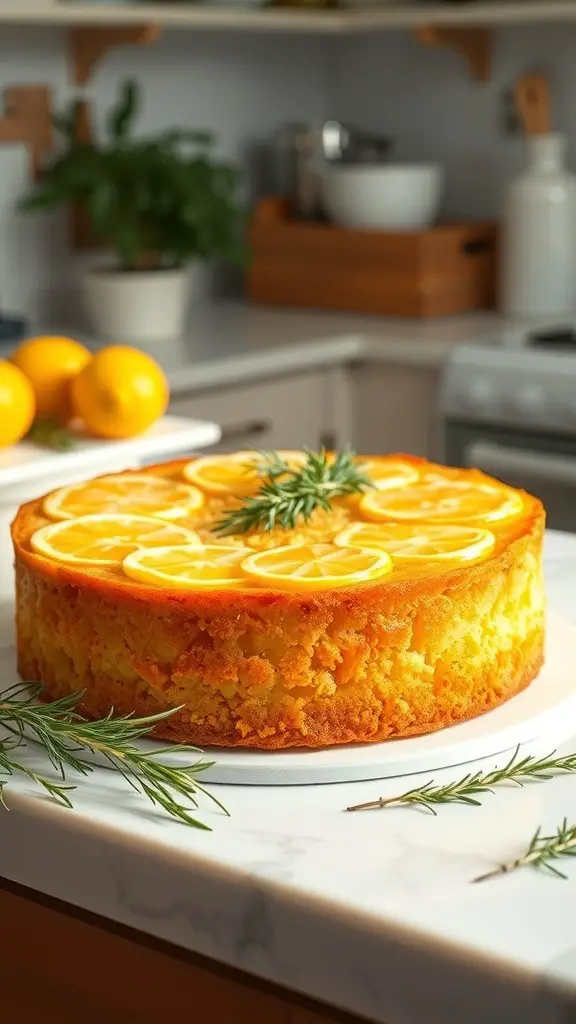 A beautifully decorated herb-infused lemon cake with lemon slices and rosemary on top, set in a kitchen environment.