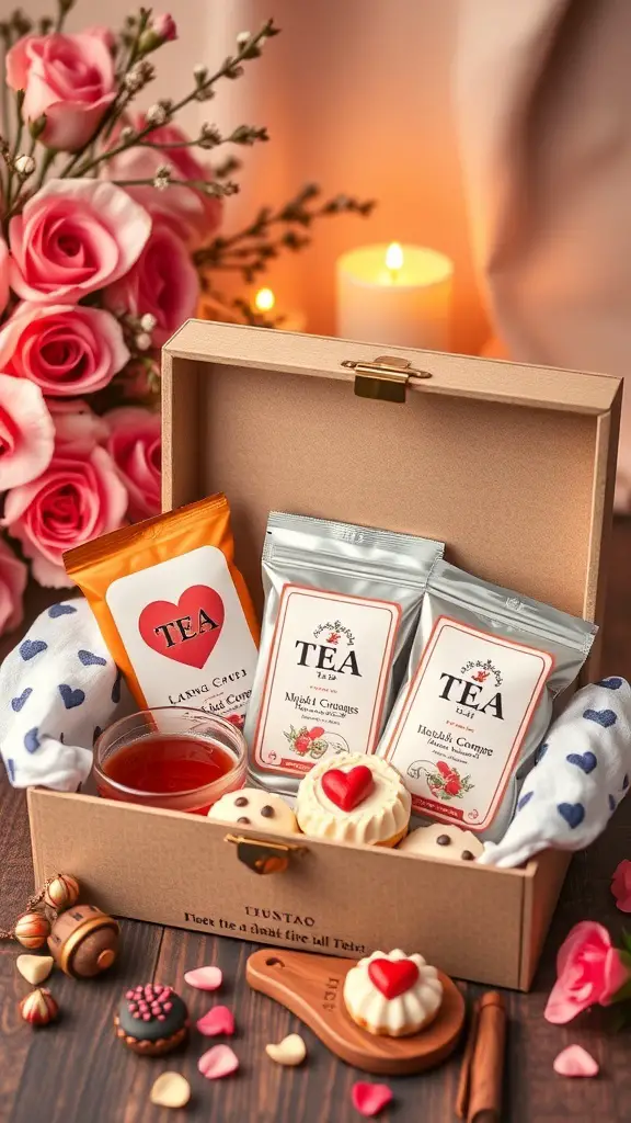 27+ Creative Sweet Box Ideas for Valentine's Day 15 A beautifully arranged sweet box with tea, cookies, and chocolates, perfect for Valentine's Day.