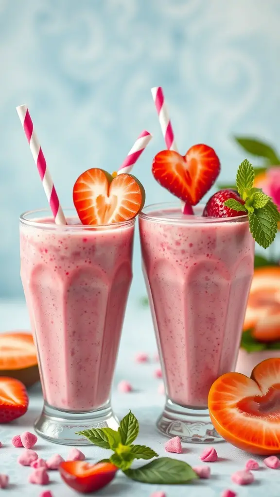 Two pink smoothies with heart-shaped strawberry garnishes and striped straws