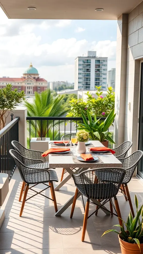 27+ Inspiring Flat Balcony Ideas 4 Stylish outdoor dining area on a balcony with a table and chairs, set for a meal, surrounded by plants and a city view.